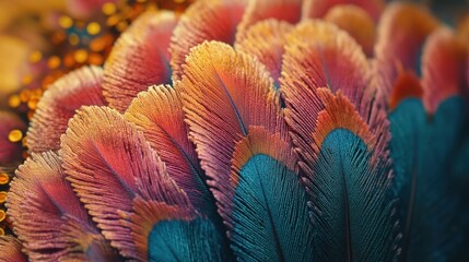 Close-up of intricate details on a peacock feather, with vibrant colors.