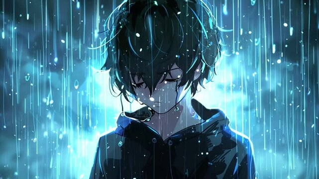 anime boy with messy hair black hoodie seamless looping overlay 4k virtual video animation background