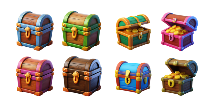 Colorful Treasure Chests for Adventure Themes, PNG collection, set bundle, isolate on transparent or white background