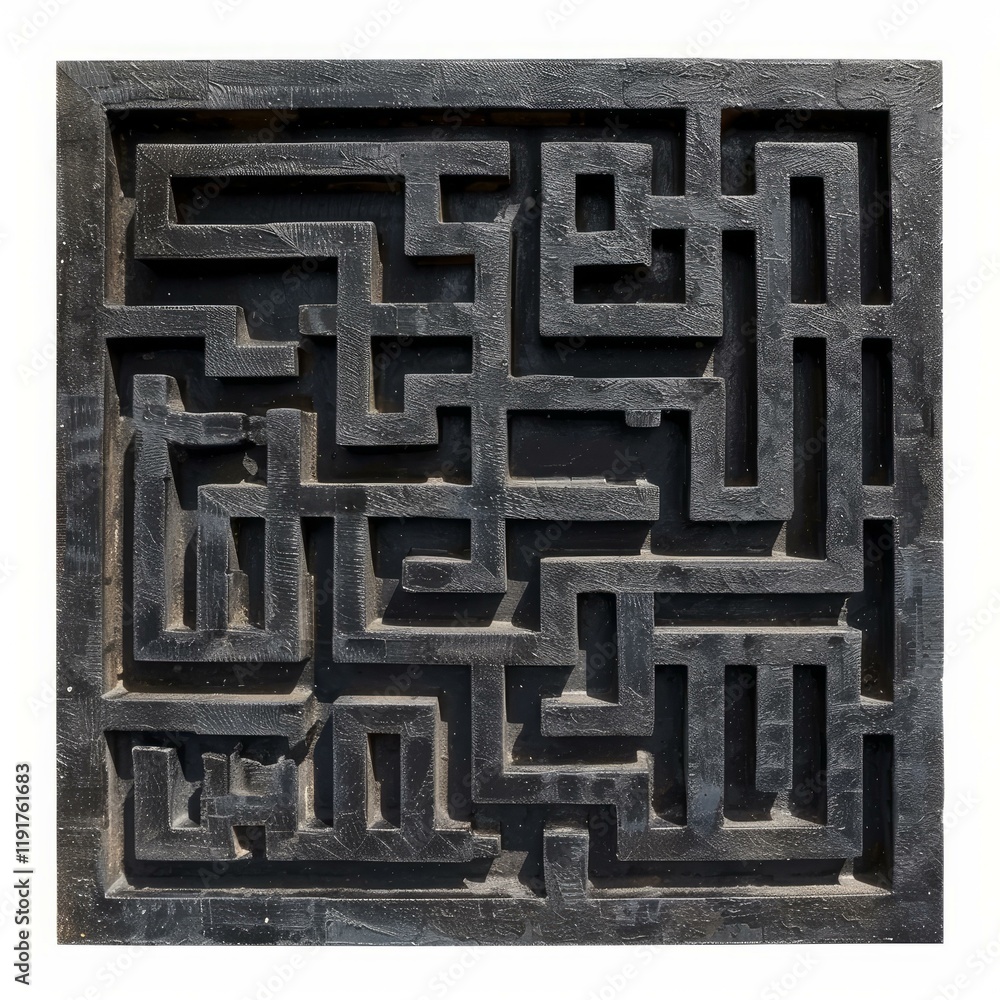 Poster dark wooden labyrinth with intricate paths creating a challenging puzzle, isolated on white