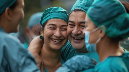 Medical team celebrating a successful operation with joyful expressions and camaraderie shown in a hospital setting