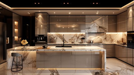 Modern luxury kitchen interior design featuring sleek marble countertops, ambient lighting, and contemporary cabinetry in a sophisticated home setting