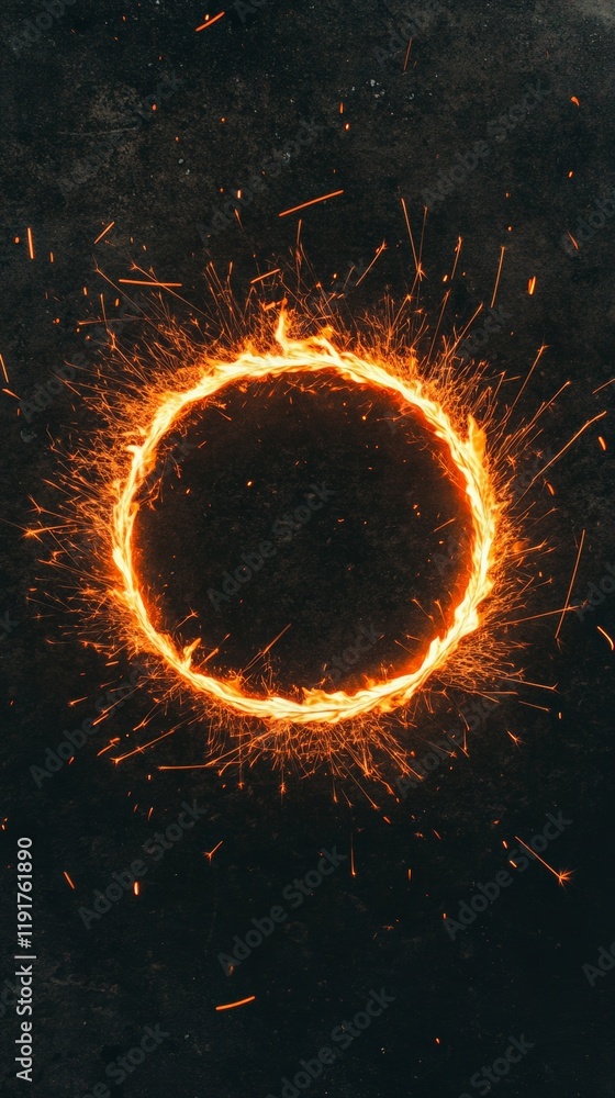 Poster ring of fire blazing intensely against a dark backdrop, with sparks bursting outward and illuminatin