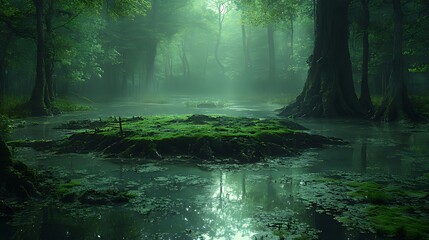 Fototapeta premium Mystical swamp forest, morning mist, island, reflection, game background