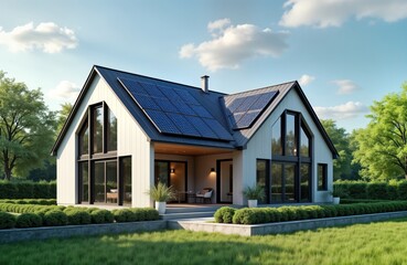 Obraz premium Modern eco-friendly house with rooftop solar panels. Sustainable home design. Spacious porch for relaxation. Green energy system. Modern architecture. Clean energy future. Beautiful landscaping