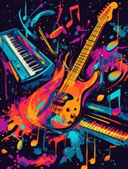 Colorful musical instruments and notes create vibrant artistic energy in modern design. Generative AI