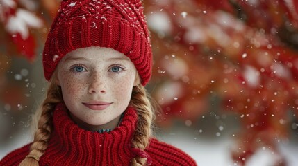 A young girl with freckles and braided hair wears a cozy red knit hat and sweater, standing amidst falling snow with vibrant autumn foliage in the background
