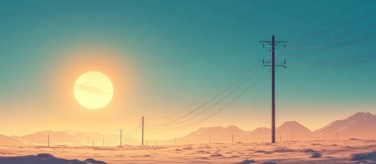 Dramatic desert landscape at sunset with the sun casting a warm golden glow over the rugged mountains and vast empty expanse  Silhouetted power lines and utility poles stretch across the horizon