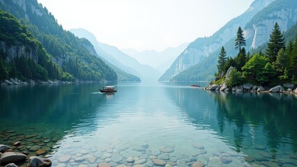 Glimpse serene waters reflecting vibrant skies and distant mountains, with two tranquil boats sailing afar—a captivating natural panorama