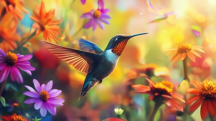 Fototapeta premium Vibrant hummingbird in flight amidst a colorful flower garden, bathed in sunlight.