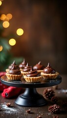 Obraz premium Chocolate ganache tartlets arranged beautifully on black metal dessert stand. Softly glowing background adds elegance to presentation. Perfect dessert display. Ideal for holidays, special occasions.