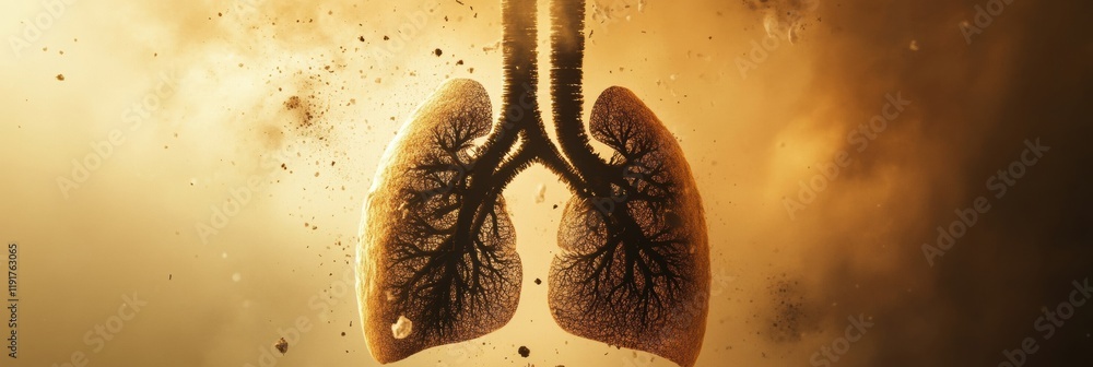 Poster realistic lungs surrounded by smog and dust particles depicting air quality issues and health impact