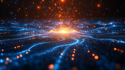 Obraz premium Blue particle wave energy glow, dark background, digital art, website banner