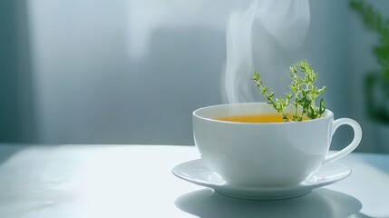 A white tea cup with a sprig of herbs on top of it
