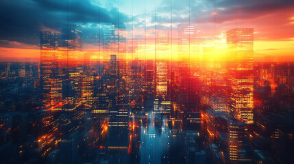 Skyscrapers of a futuristic financial district at sunset with modern shiny facades sleek architecture reflections dramatic lighting blurred background perfect for business brochure templates

