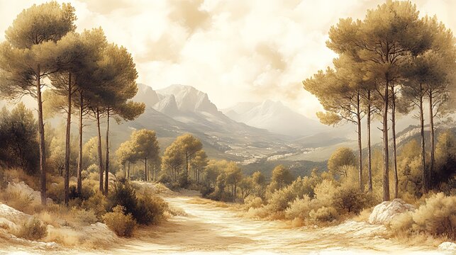 Mountain Road Scenic Landscape, Dusty Path, Pines, Valley