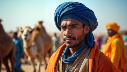 Obraz premium Berber man in traditional Tuareg clothing. At camel market in desert. Many camels surround. Looks directly at camera. Scene in North Africa. Cultural clothing, ethnic style apparent. Portrait photo
