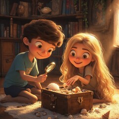 Curious Children Exploring a Treasure Chest of Shells in a Sunlit Library