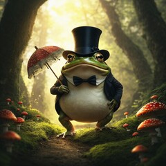 Frog in a Top Hat Holding a Parasol in a Magical Forest with Mushrooms
