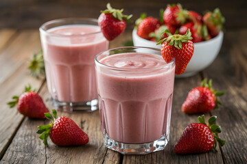 A wooden table with two pink smoothies and fresh strawberries feels serene