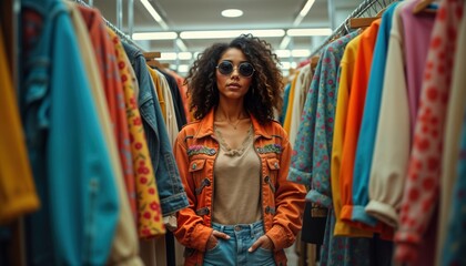 Young woman browses vintage clothing in thrift store. Examines colorful items on racks. Sustainable fashion choices, eco-friendly shopping highlighted. Mindful approach to consumption evident.