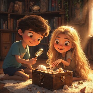 Curious Children Exploring a Treasure Chest of Shells in a Sunlit Library