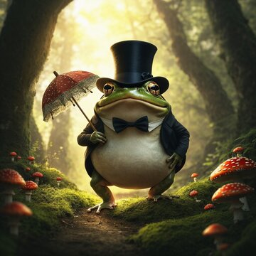 Frog in a Top Hat Holding a Parasol in a Magical Forest with Mushrooms
