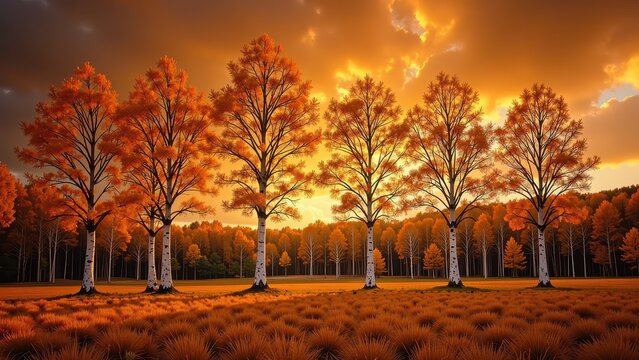 A serene row of five white birch trees adorned with vibrant orange leaves stands majestically against a backdrop of golden-yellow grass and distant woodland. The expansive azure sky completes this enc