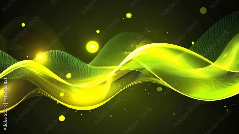 Poster colorful abstract waves with luminous particles floating in dark background during a creative digita