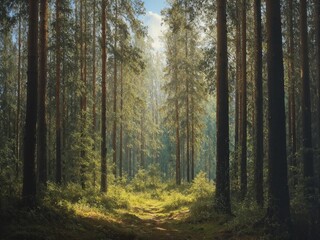 Obraz premium Sunlit Pine Forest with a Clearing on a Peaceful Day