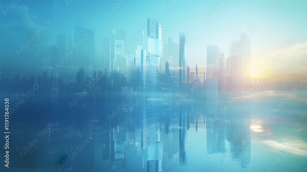 Poster digital cityscape reflection with data overlay