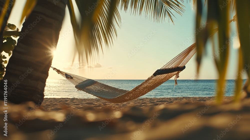 Poster white hammock swaying gently between palm trees on a stunning sandy beach at sunset, creating a sere