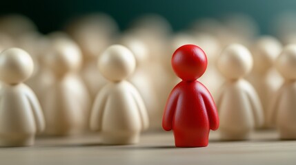 Striking red figure amidst a sea of white, visual representation of uniqueness and contrast