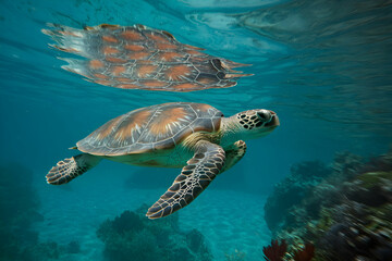 Fototapeta premium A sea turtle swims gracefully through clear turquoise waters, exuding serenity