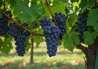 Fototapeta premium Wine grapes and green foliage in the garden. Nature and Food.