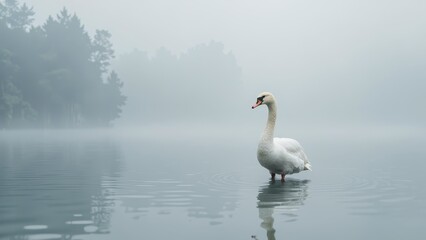 Obraz premium A serene white mute swan poised gracefully on water, head subtly tilted, evoking elegance in stillness