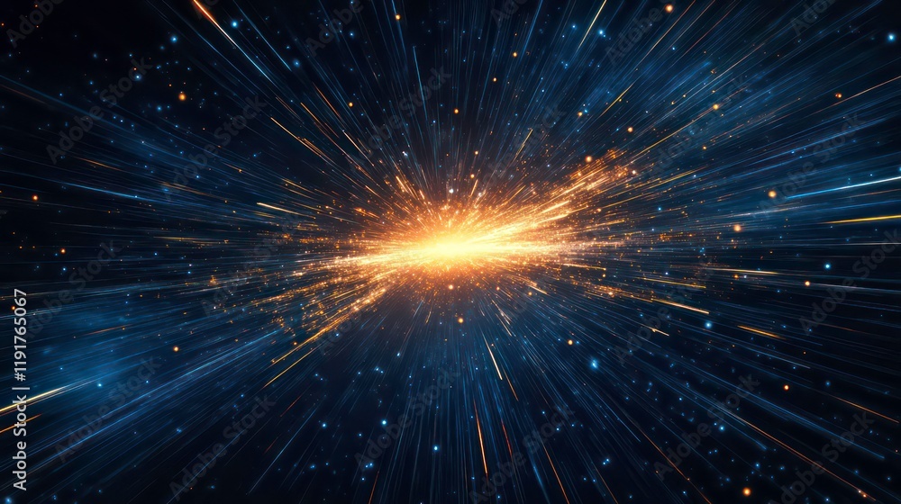 Poster abstract cosmic explosion with bright light streaks and particles in dark space.