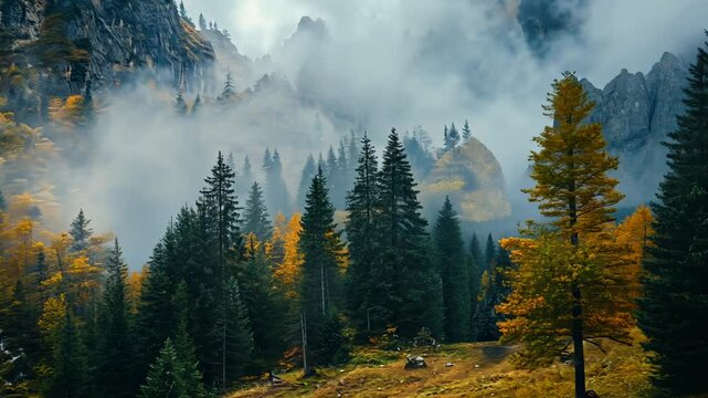 A foggy forest with tall, green pine trees and a single yellow-leaved tree in the foreground.