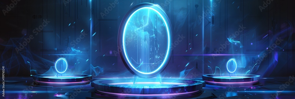 Poster digital rendering of three illuminated circular platforms with neon blue rings