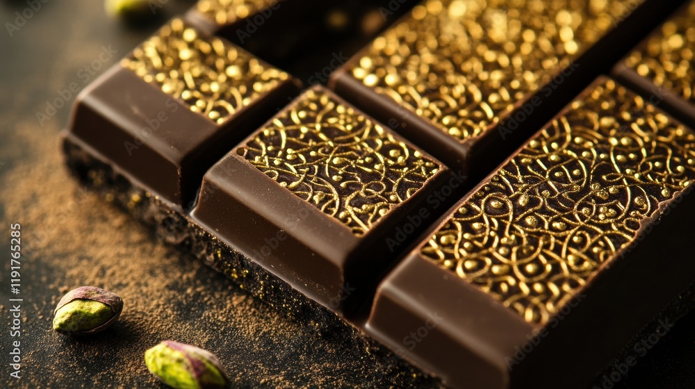 Poster indulging in a rich chocolate bar adorned with arabesque designs and filled with delightful pistachi
