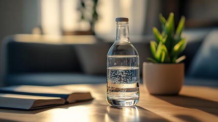 Sparkling water bottle rests on a wooden table