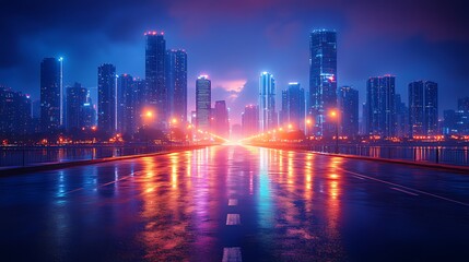 Neon Cityscape Night Road Reflection