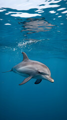 Obraz premium A dolphin swims gracefully in rippling, clear blue water Vertical Mobile Wallpaper