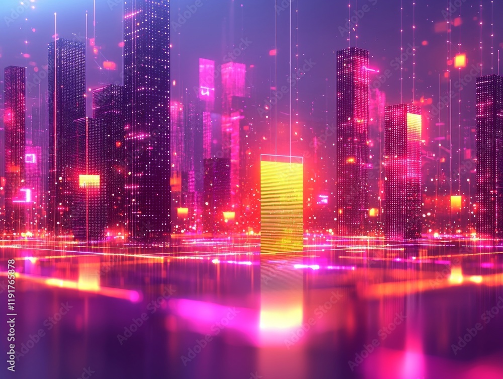 Poster geometric shapes and glowing lines converge into central progress bar representing app installation 