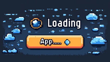vibrant retro pixel art design showcases app installation screen loading progress bar. Bold text states Loading App against 8 bit color palette and dark background.