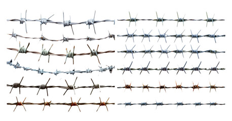 Barbed wire in different configurations isolated on transparent background