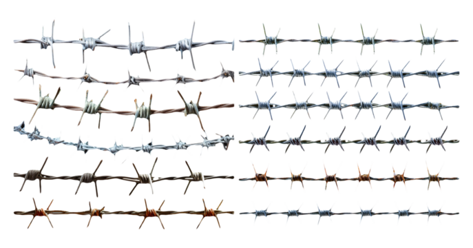Barbed wire in different configurations isolated on transparent background