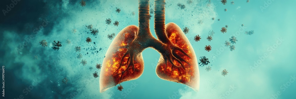 Poster Realistic lungs affected by smog and dust particles in a polluted environment. Generative AI