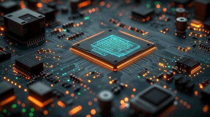 Close-up of a glowing microchip on a circuit board, showcasing intricate details and technological advancements in computing and data processing