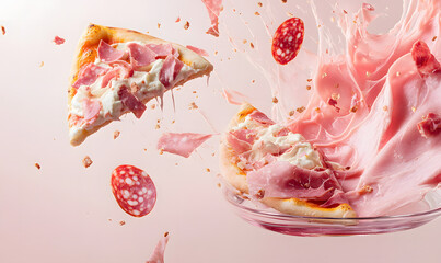Fototapeta premium Floating Pepperoni Pizza Slices with Olives and Basil on Pink Background